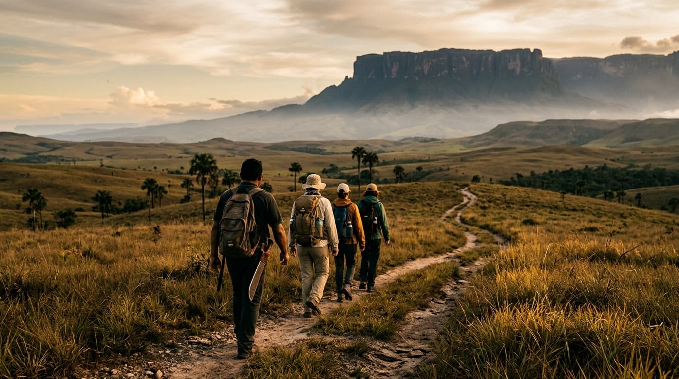 A guide leading a small group across the Gran Sabana toward Roraima